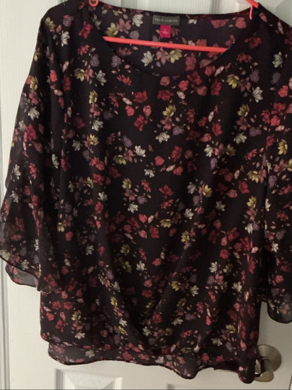 Vince Camuto Black Floral Chiffon Blouse with Pink and Green Flowers